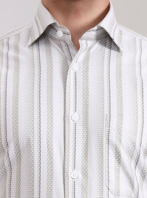 Cream Striped Slim Fit Formal Shirt | Metal