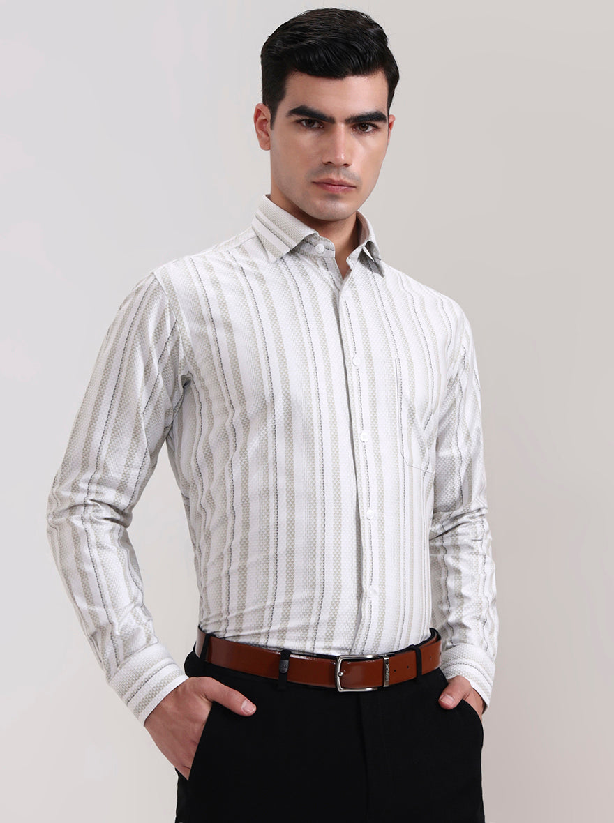Cream Striped Slim Fit Formal Shirt | Metal