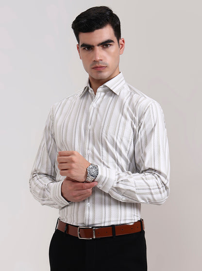 Cream Striped Slim Fit Formal Shirt | Metal