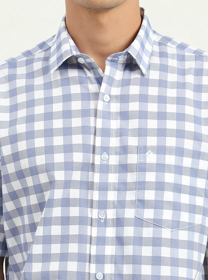 Light Blue Checked Slim Fit Semi Casual Shirt | Greenfibre
