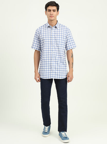 Light Blue Checked Slim Fit Semi Casual Shirt | Greenfibre