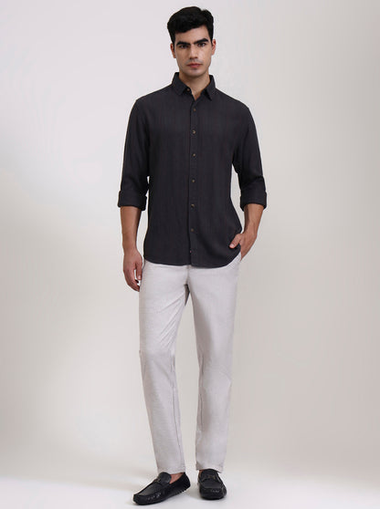 Light Grey Striped Neo Fit Casual Trouser | Greenfibre