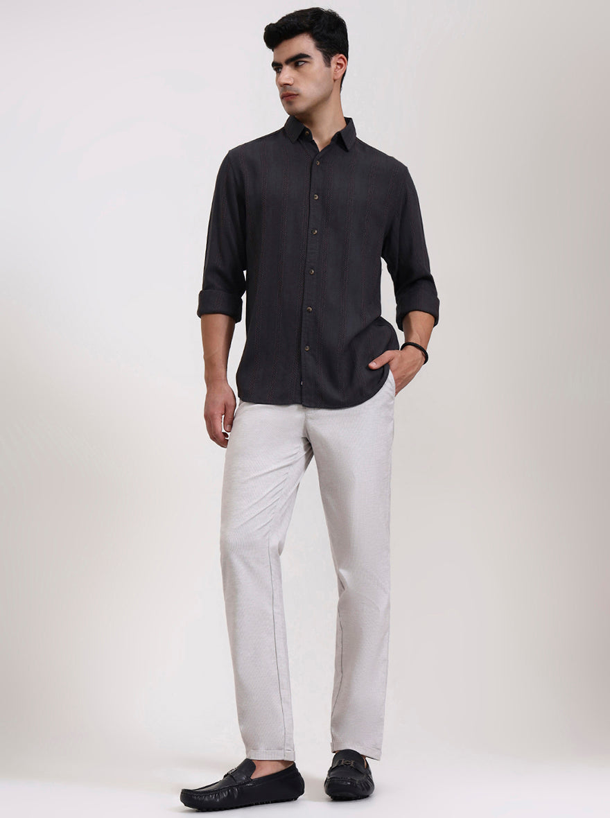 Light Grey Striped Neo Fit Casual Trouser | Greenfibre