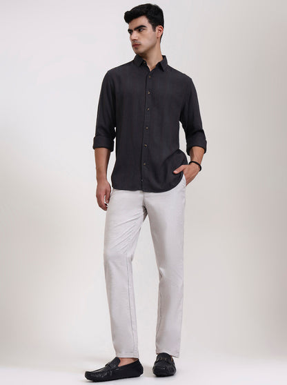 Light Grey Striped Neo Fit Casual Trouser | Greenfibre