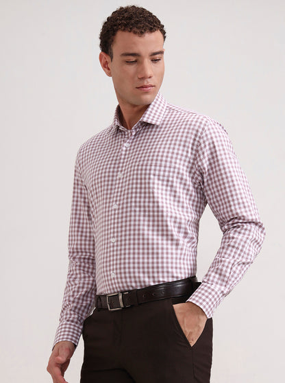 White & Dark Pink Checked Regular Fit Formal Shirt | JadeBlue