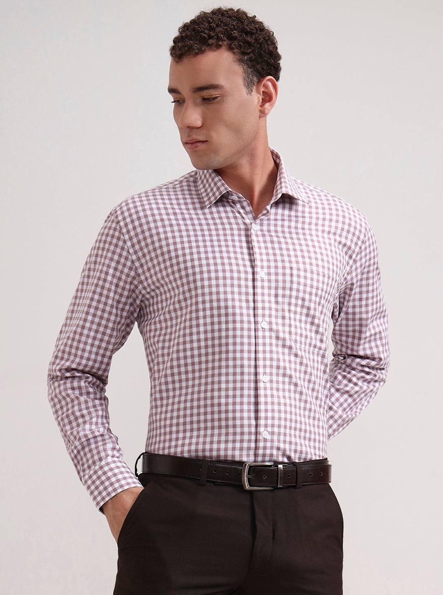 White & Dark Pink Checked Regular Fit Formal Shirt | JadeBlue