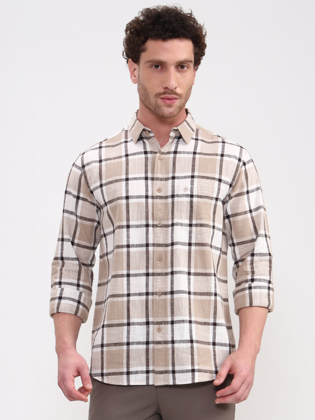 Beige Checked Slim Fit Casual Shirt | Greenfibre