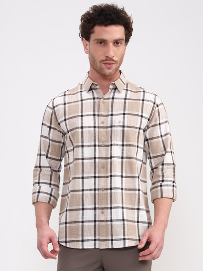 Beige Checked Slim Fit Casual Shirt | Greenfibre