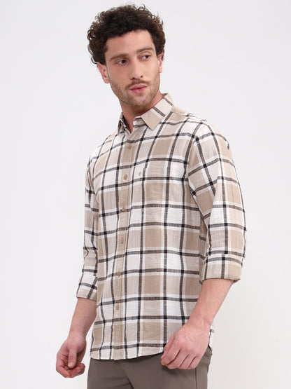 Beige Checked Slim Fit Casual Shirt | Greenfibre