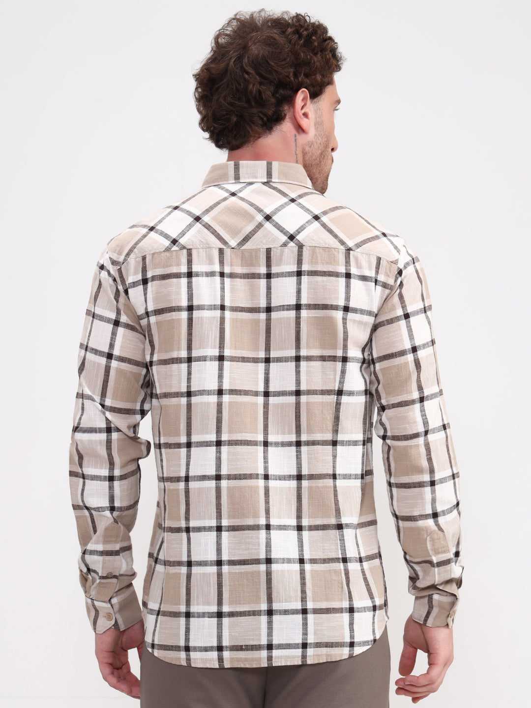 Beige Checked Slim Fit Casual Shirt | Greenfibre