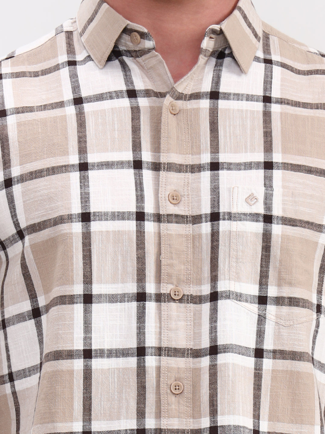 Beige Checked Slim Fit Casual Shirt | Greenfibre