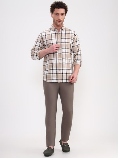 Beige Checked Slim Fit Casual Shirt | Greenfibre