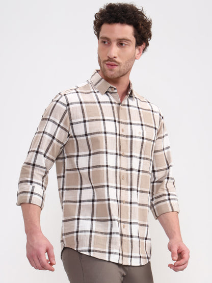 Beige Checked Slim Fit Casual Shirt | Greenfibre