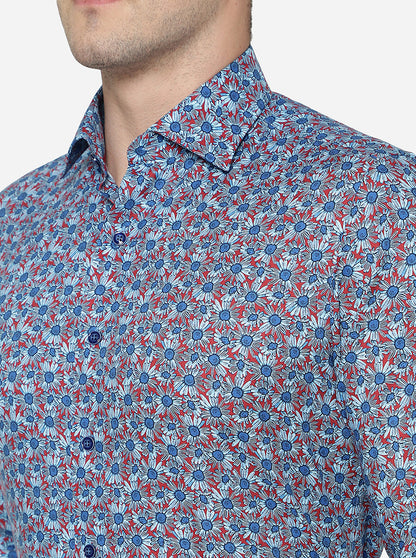Blue Printed Slim Fit Party Wear Shirt | JB Studio