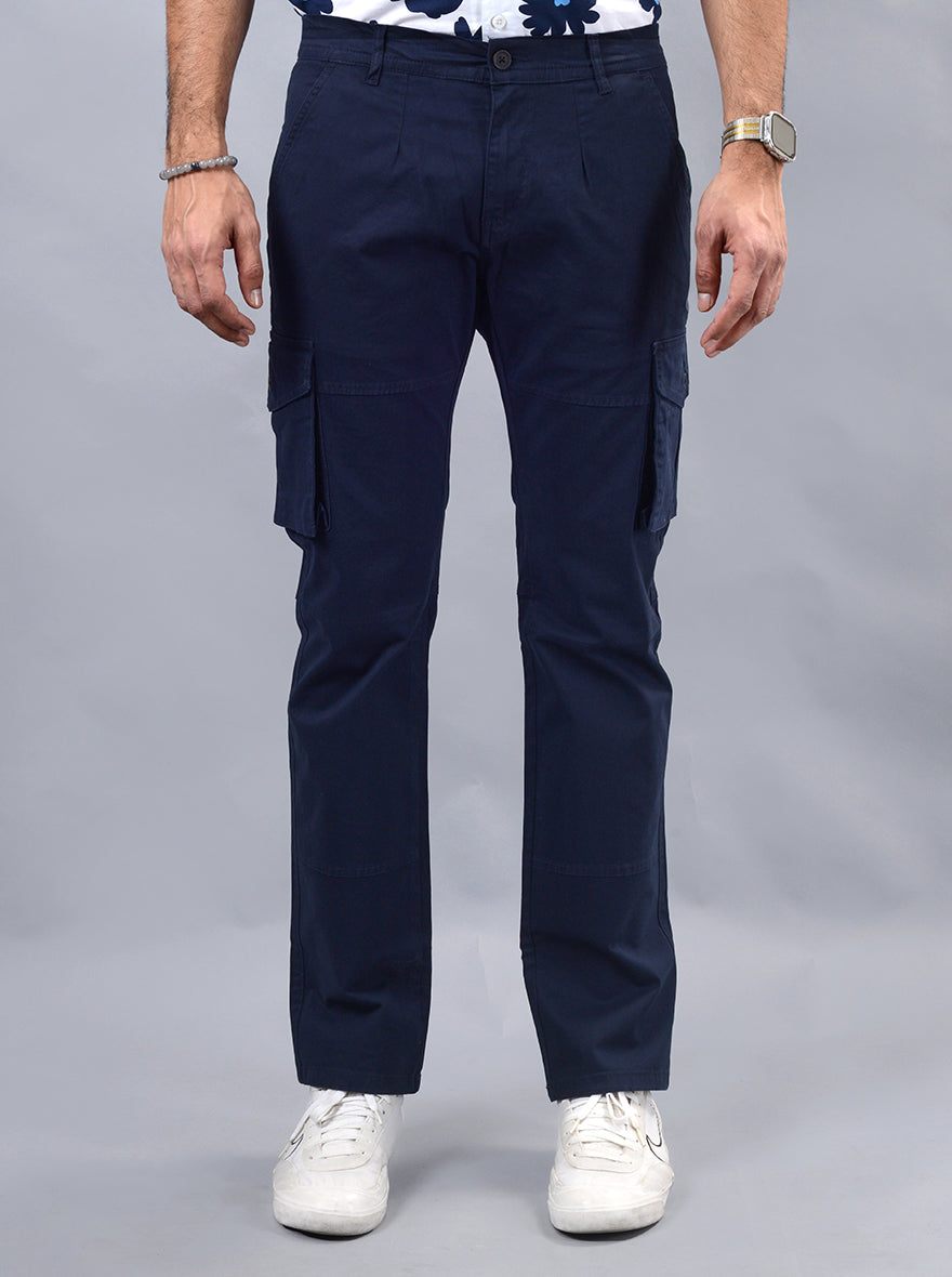 JadeBlue Navy Blue 100% Cotton Cargo Pant Slim Fit Solid Pattern