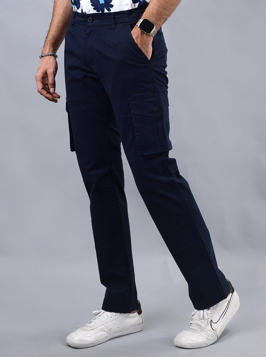 Navy Blue Solid Slim Fit Cargo Pant | JadeBlue