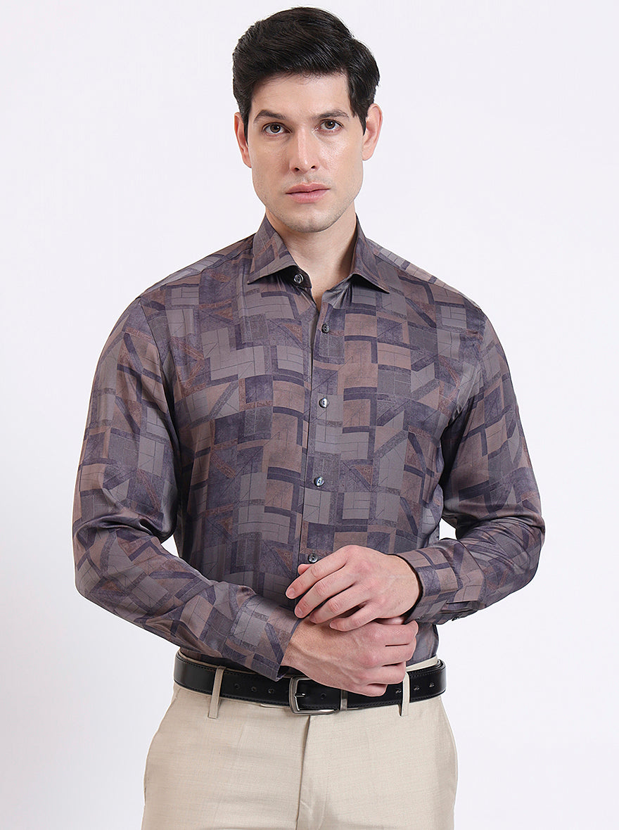 Brown Printed Slim Fit Party Wear Shirt | JadeBlue Super Luxe
