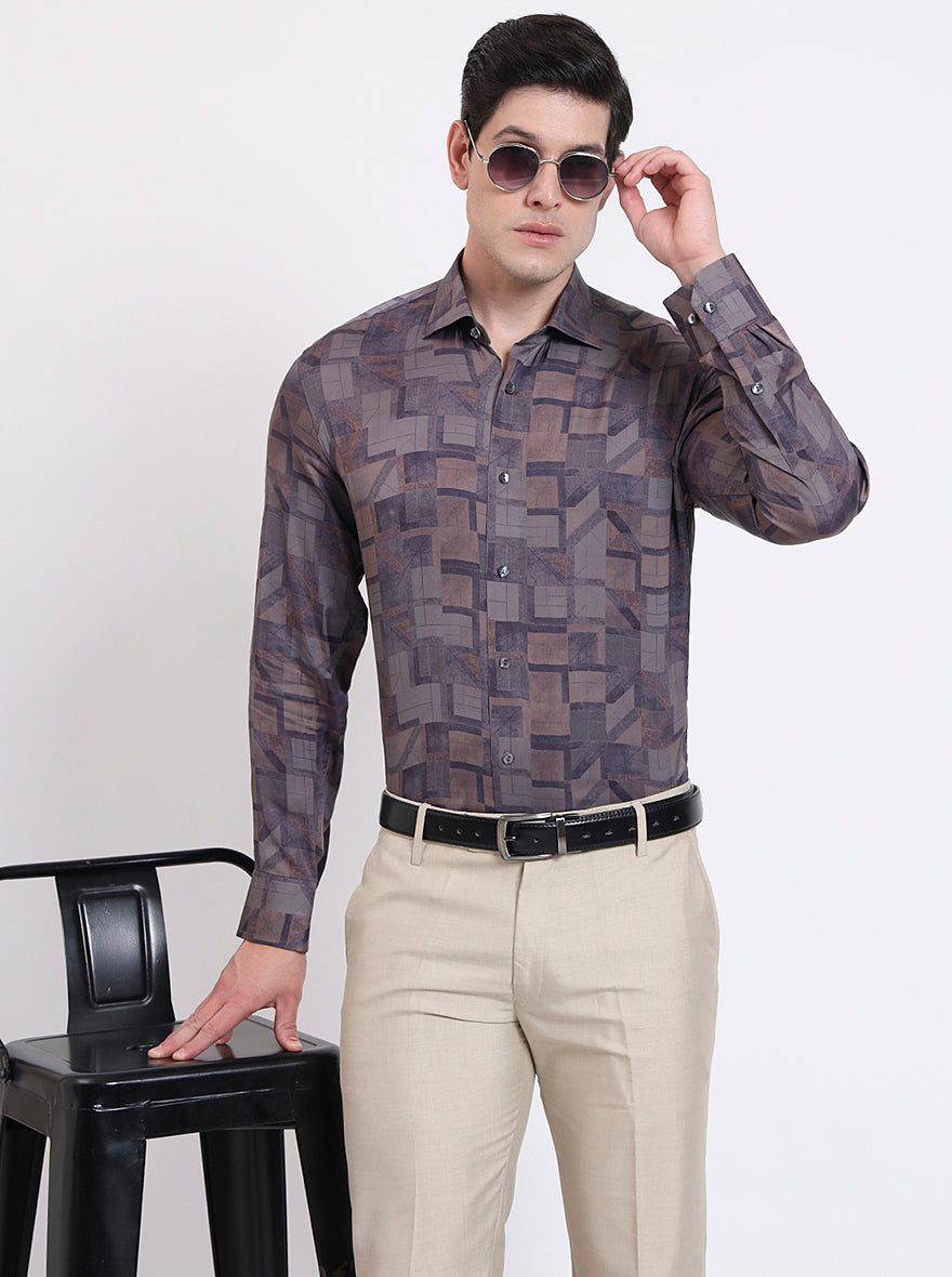Brown Printed Slim Fit Party Wear Shirt | JadeBlue Super Luxe