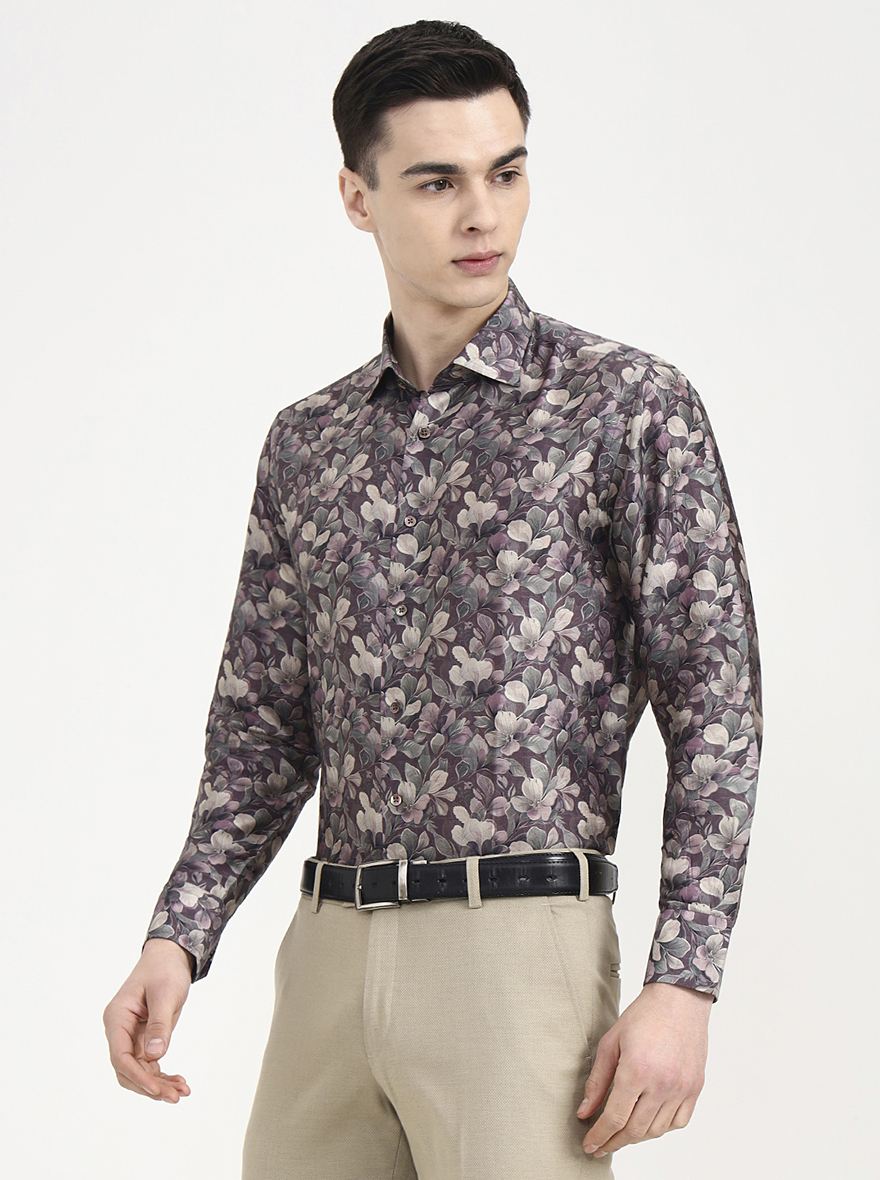 Brown Printed Slim Fit Formal Shirt | JadeBlue Super Luxe