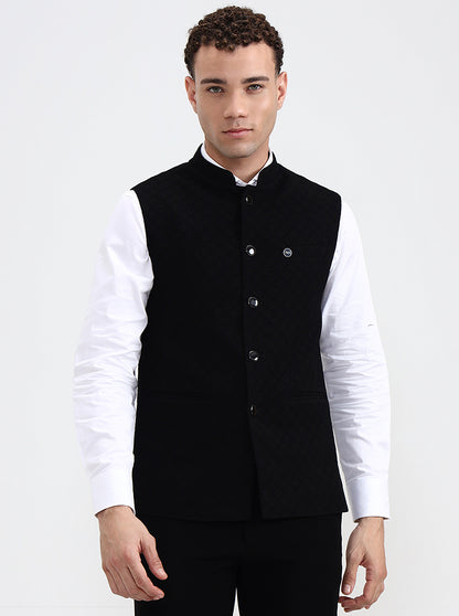 Black Printed Regular Fit Waistcoat  | Wyre