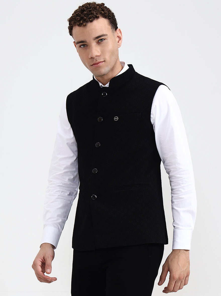 Black Printed Regular Fit Waistcoat  | Wyre