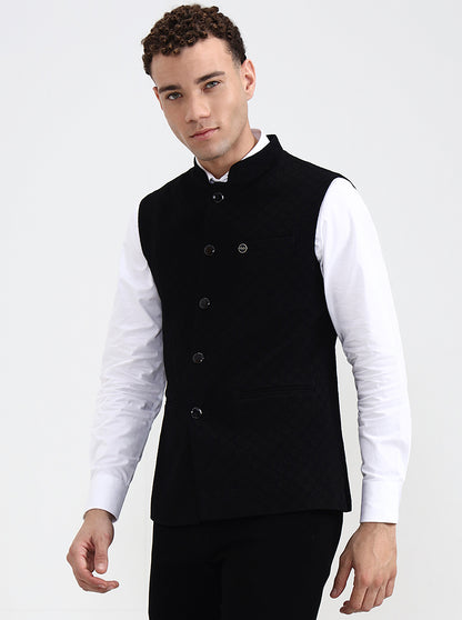 Black Printed Regular Fit Waistcoat  | Wyre
