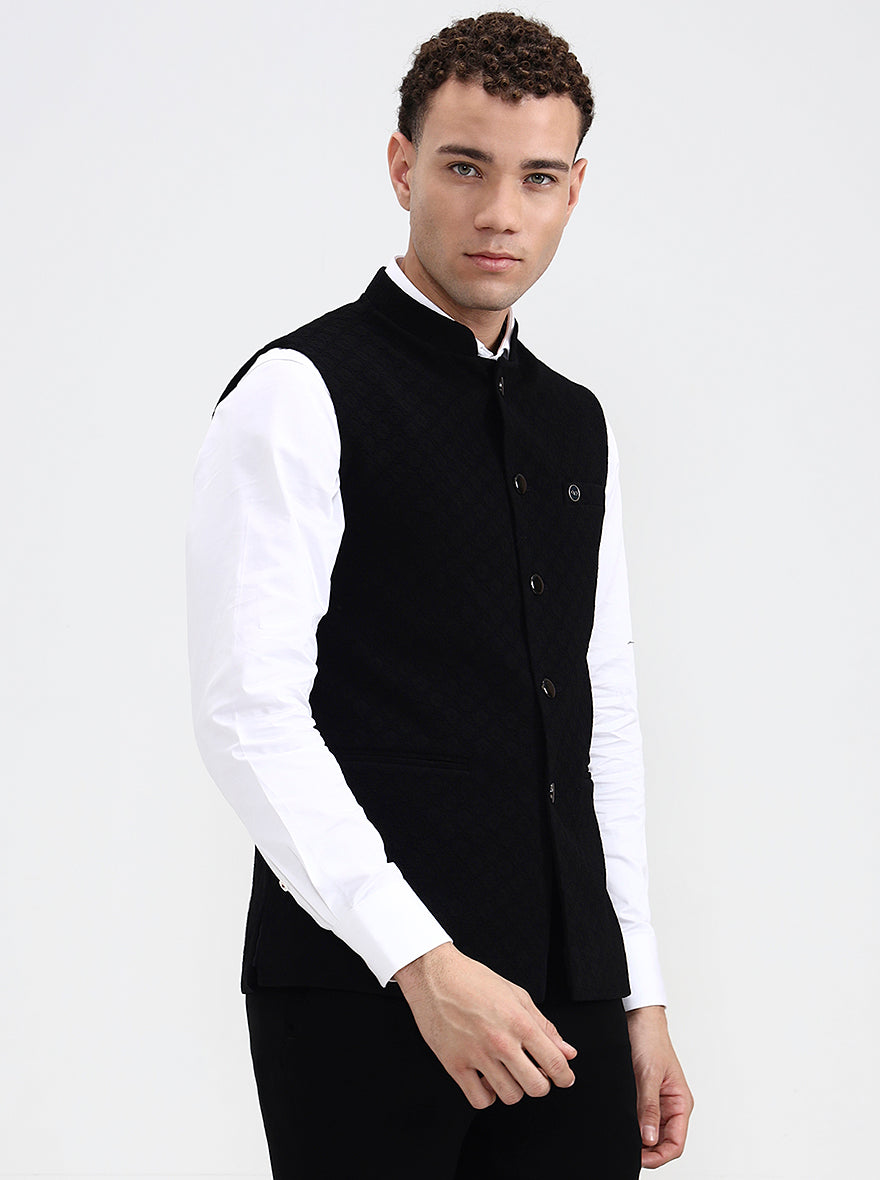 Black Printed Regular Fit Waistcoat  | Wyre