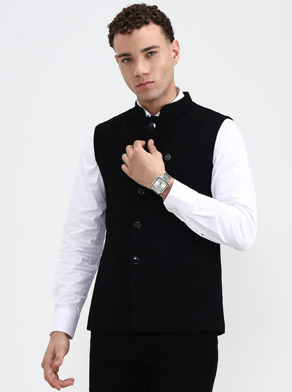 Black Printed Regular Fit Waistcoat  | Wyre