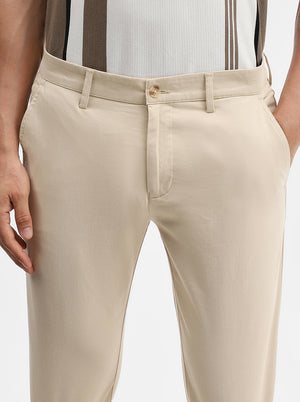 Beige Solid Super Slim Fit Casual Trouser | Greenfibre