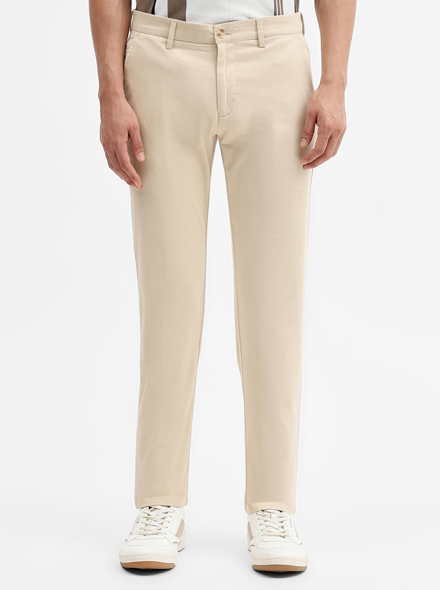 Beige Solid Super Slim Fit Casual Trouser | Greenfibre