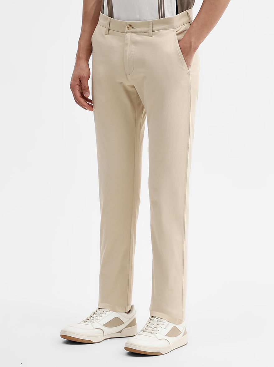 Beige Solid Super Slim Fit Casual Trouser | Greenfibre