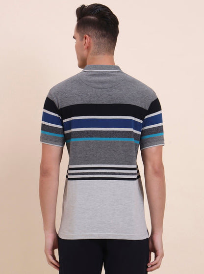 Grey & Royal Blue Striped Slim Fit Polo T-Shirt | Greenfibre