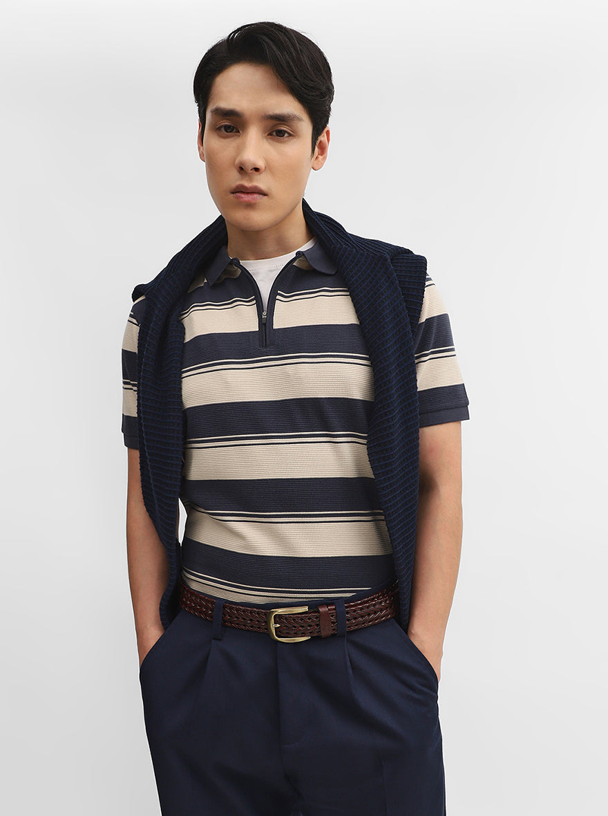 Fawn & Charcoal Striped Slim Fit Polo T-Shirt | JadeBlue
