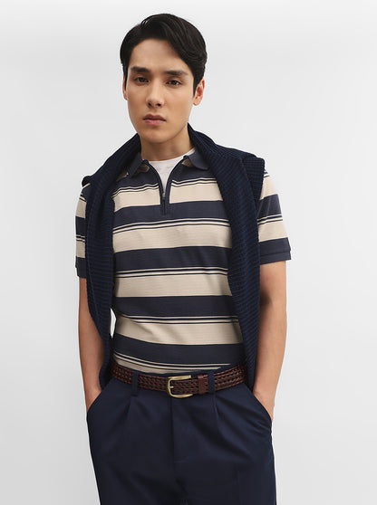 Fawn & Charcoal Striped Slim Fit Polo T-Shirt | JadeBlue
