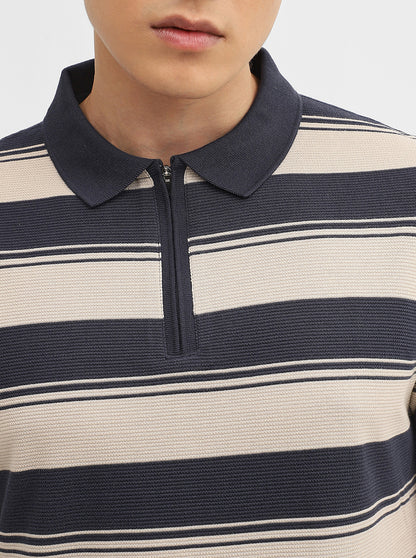 Fawn & Charcoal Striped Slim Fit Polo T-Shirt | JadeBlue