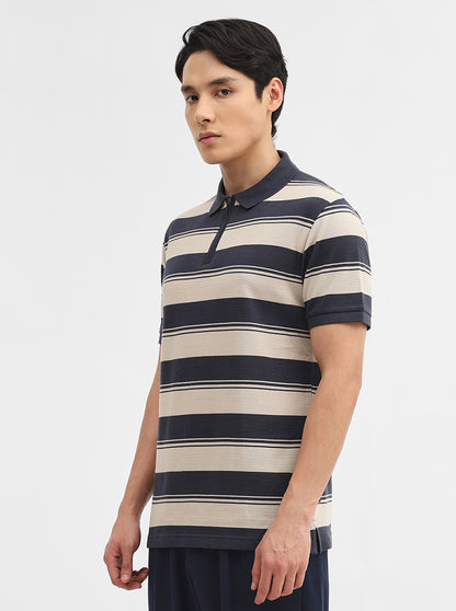 Fawn & Charcoal Striped Slim Fit Polo T-Shirt | JadeBlue