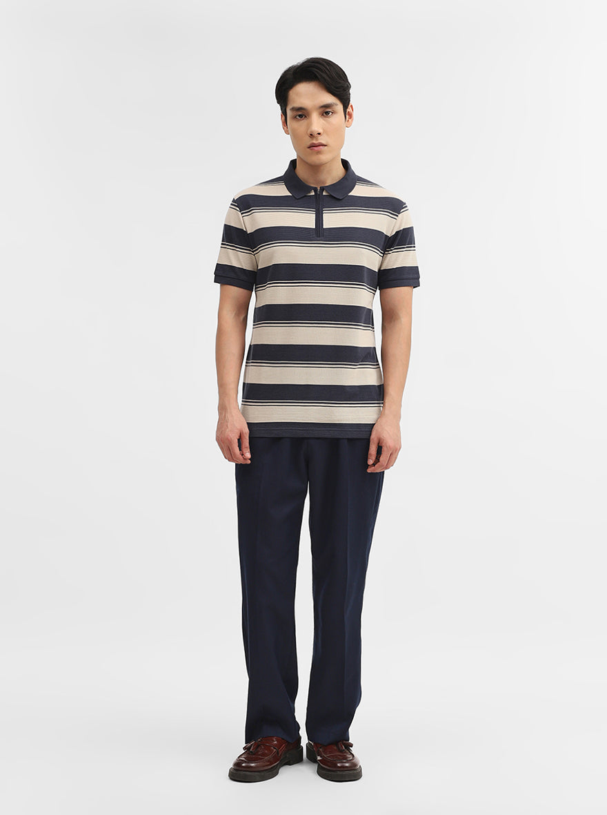 Fawn & Charcoal Striped Slim Fit Polo T-Shirt | JadeBlue