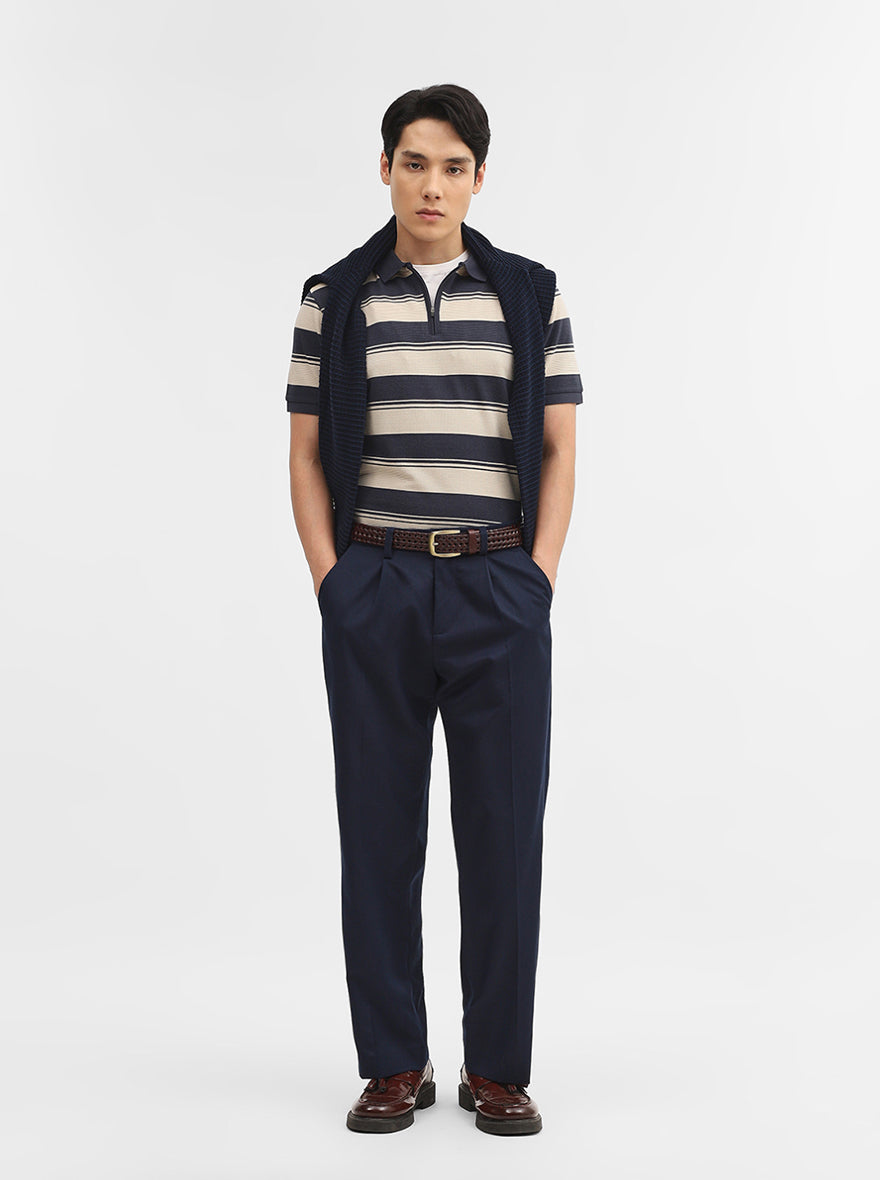 Fawn & Charcoal Striped Slim Fit Polo T-Shirt | JadeBlue