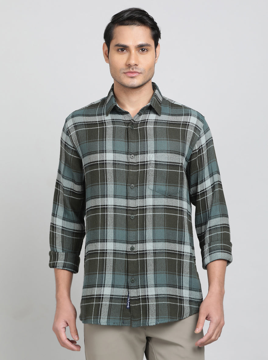 Green Checked Slim Fit Casual Shirt | JadeBlue