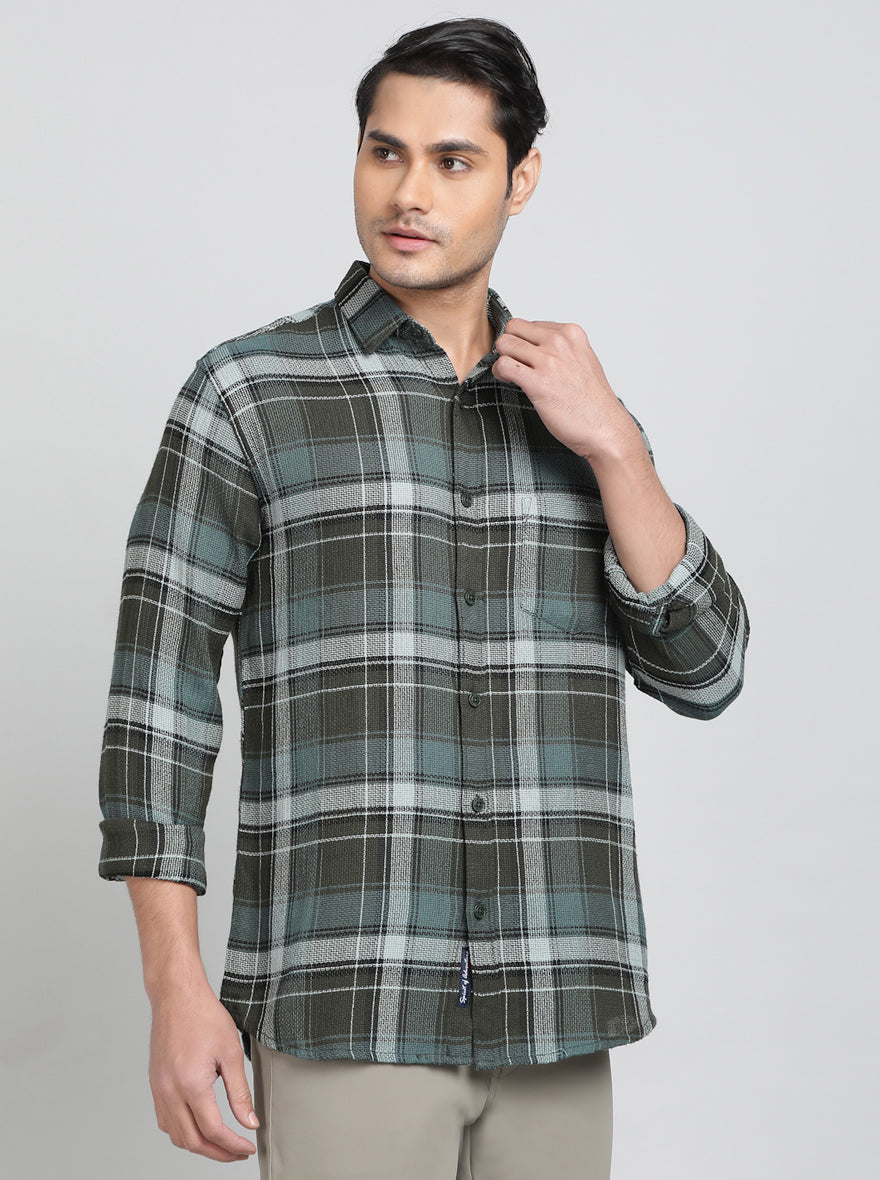 Green Checked Slim Fit Casual Shirt | JadeBlue
