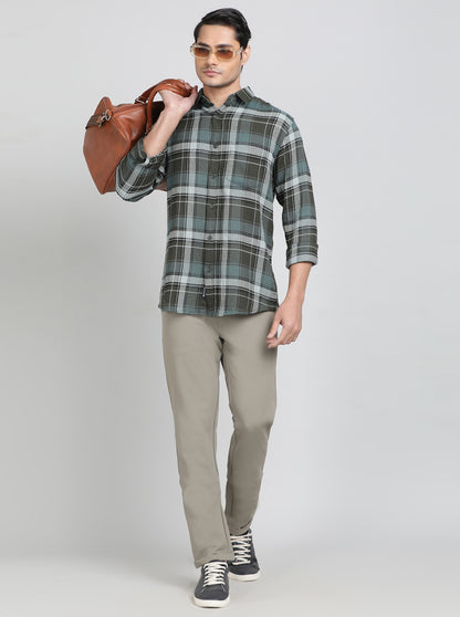 Green Checked Slim Fit Casual Shirt | JadeBlue