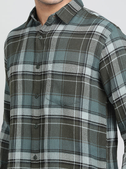 Green Checked Slim Fit Casual Shirt | JadeBlue