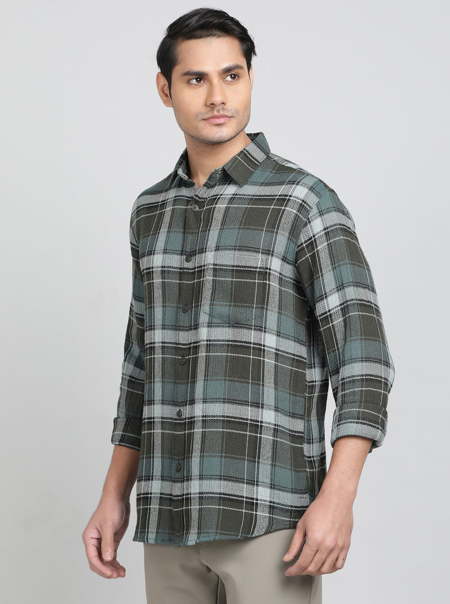 Green Checked Slim Fit Casual Shirt | JadeBlue