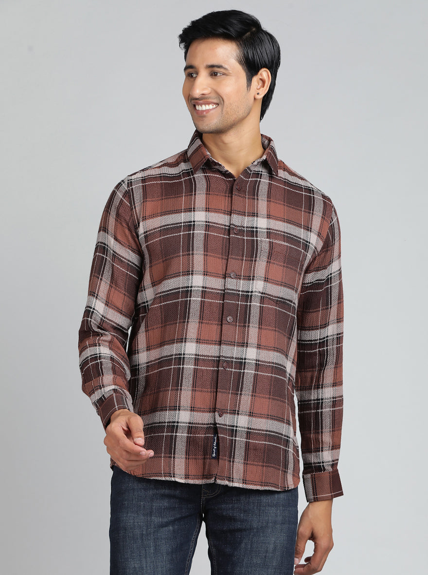 Brown Checked Slim Fit Casual Shirt | JadeBlue