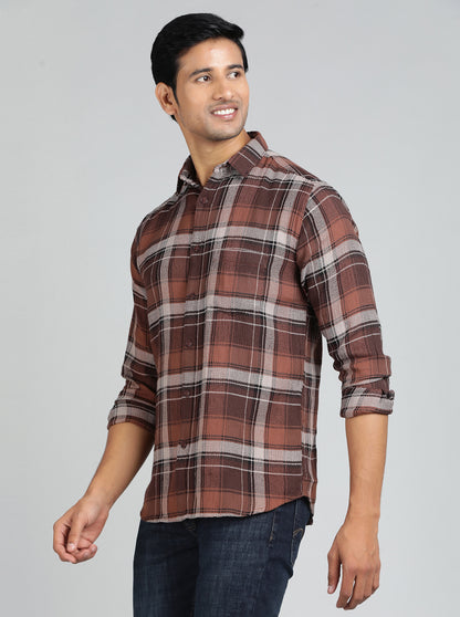 Brown Checked Slim Fit Casual Shirt | JadeBlue