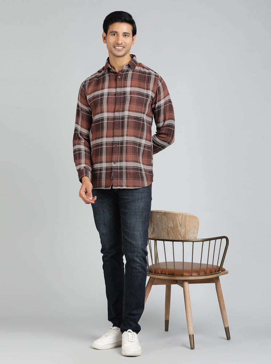 Brown Checked Slim Fit Casual Shirt | JadeBlue