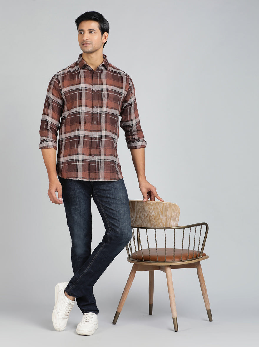 Brown Checked Slim Fit Casual Shirt | JadeBlue