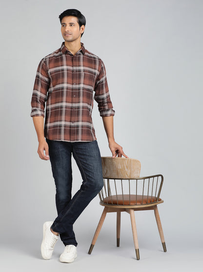 Brown Checked Slim Fit Casual Shirt | JadeBlue