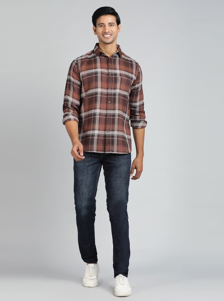 Brown Checked Slim Fit Casual Shirt | JadeBlue