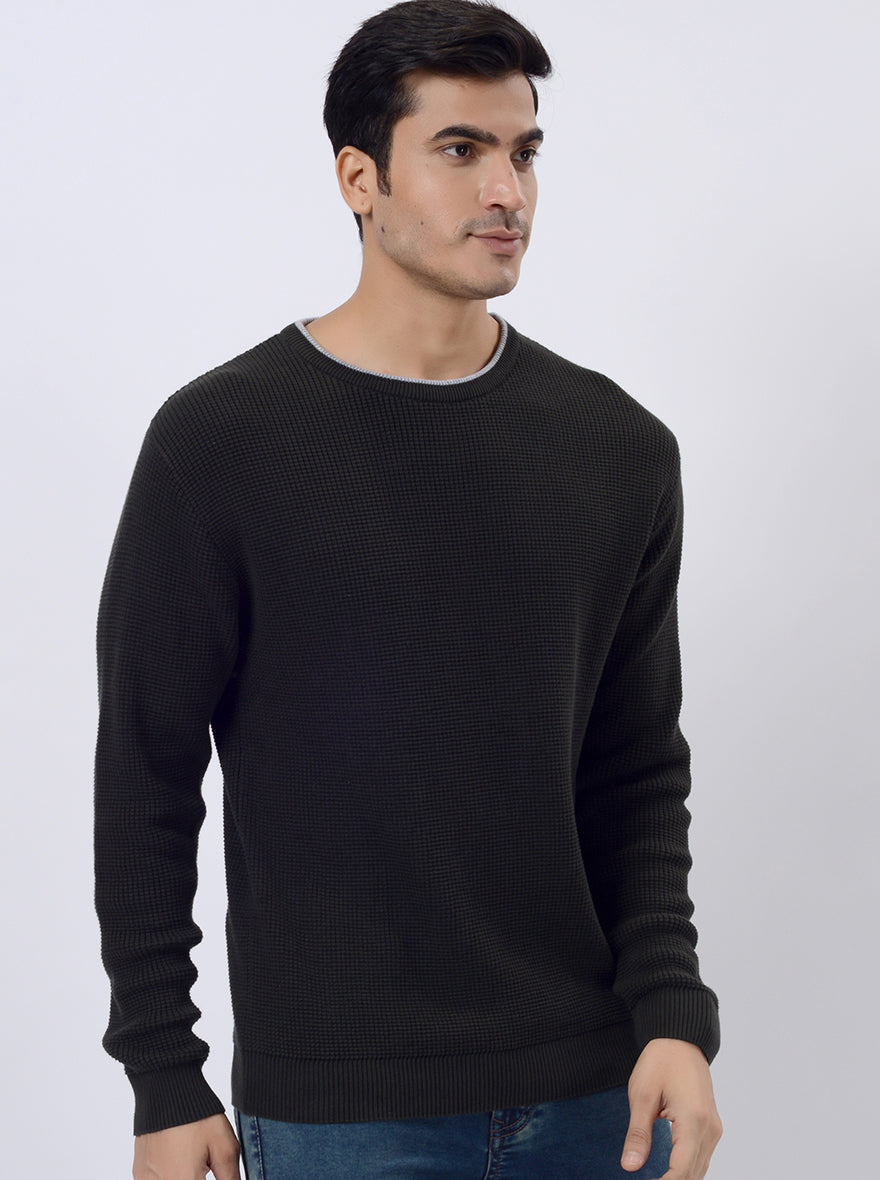Dark Olive Solid Regular Fit Winter T-Shirt | JadeBlue